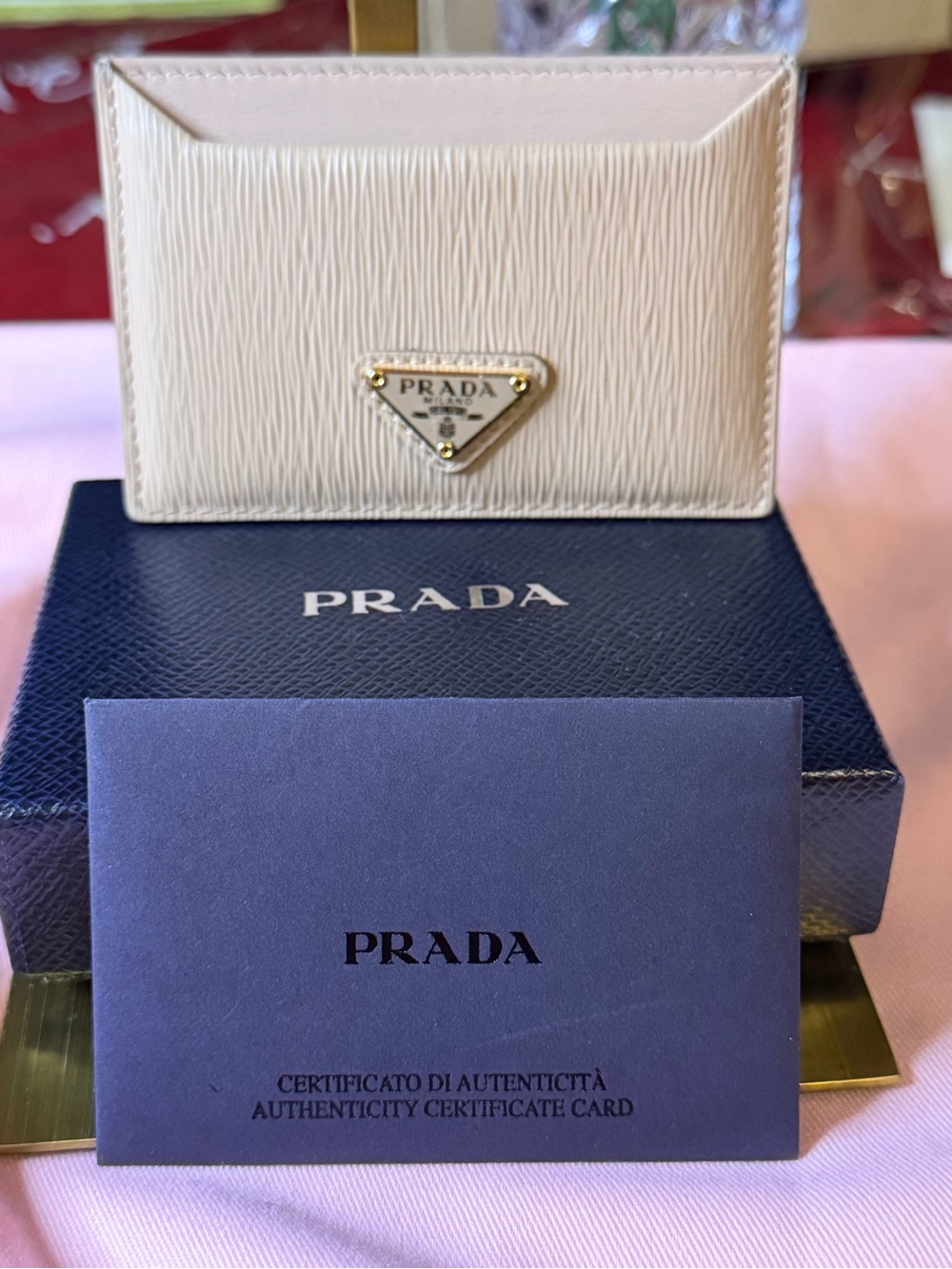 Prada Cream Saffiano Card & Key Holder with Gold Triangle Logo